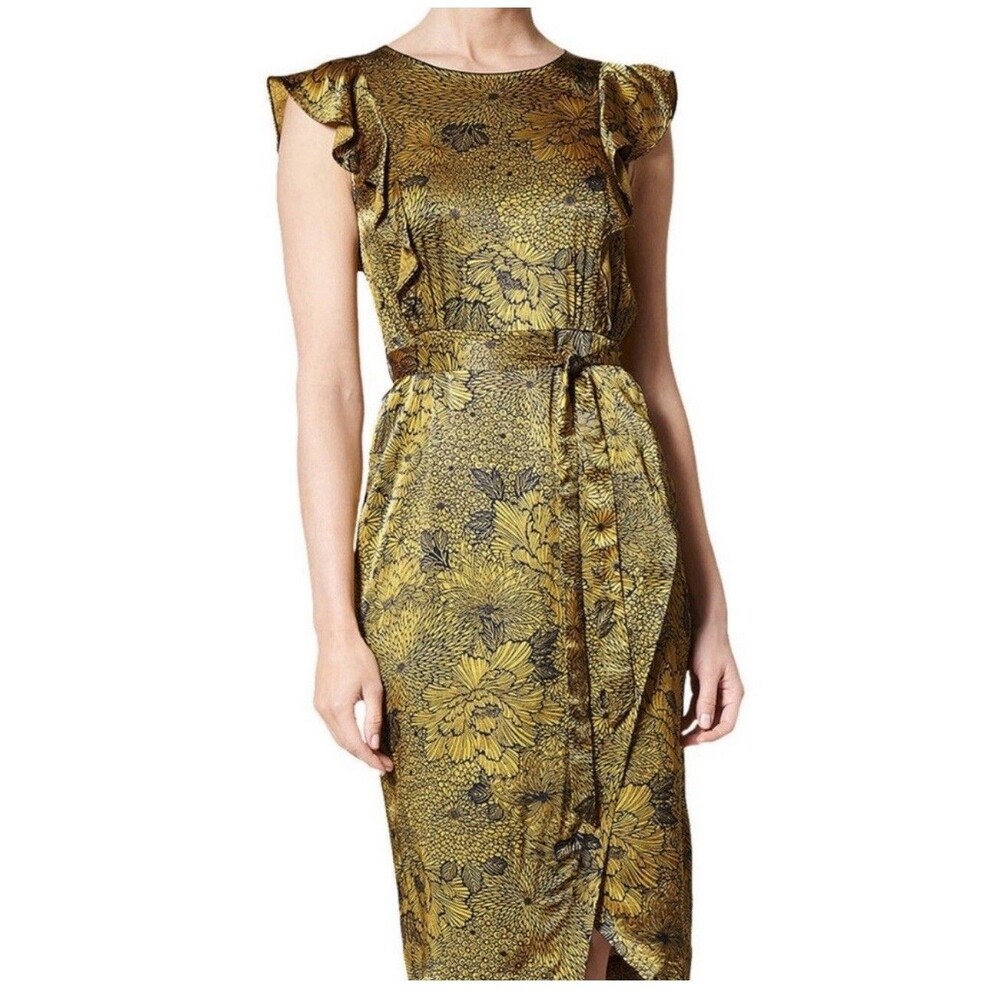 LK Bennett London Dr April Floral Navy Citrine  Midi Belted Dress Women's  Sz 10